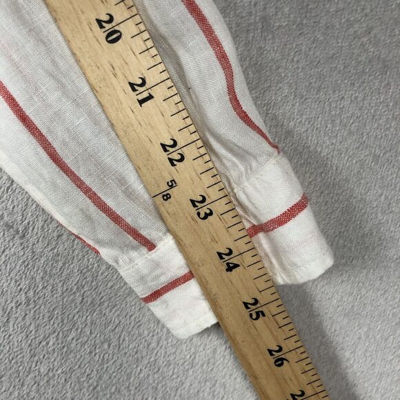 C&C CALIFORNIA 100% Linen Tunic Sz M White Red Stripe 1/2 Button Roll Tab Sleeve - Picture 9 of 13